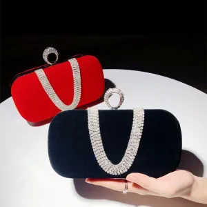 Women Chic Rhinestone Inlay Solid Color Velvet Clutch Square Evening Bag