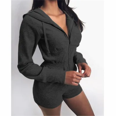 Women Casual Athleisure Long-sleeved Hooded Solid Color Zipper Rompers