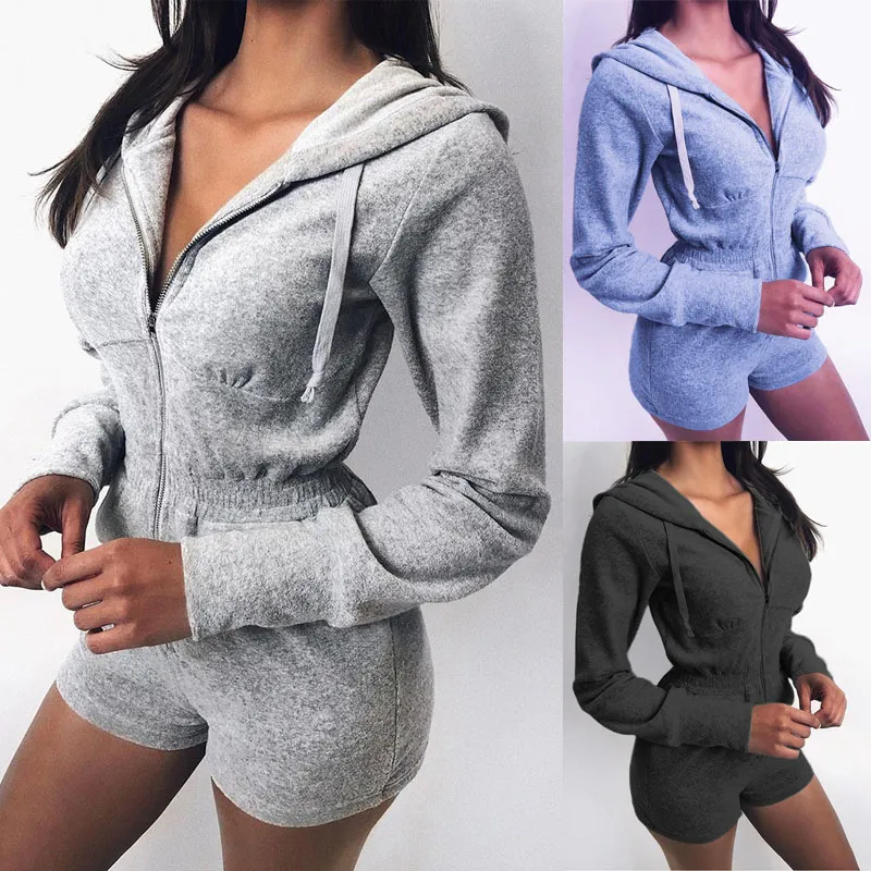 Women Casual Athleisure Long-sleeved Hooded Solid Color Zipper Rompers