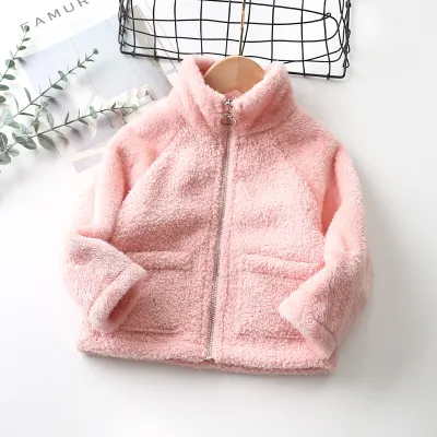 Kids Casual Solid Color Long Sleeve Zipper Plush Grain Fleece Coat