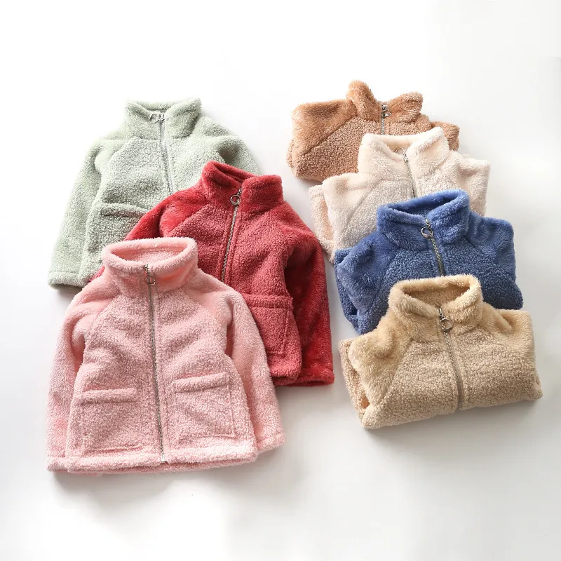 Kids Casual Solid Color Long Sleeve Zipper Plush Grain Fleece Coat