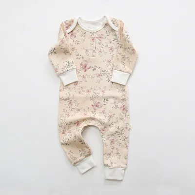 Baby Cute Floral All Over Print Long Sleeve Round Neck Cotton Jumpsuit Unisex