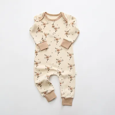 Baby Cute Floral All Over Print Long Sleeve Round Neck Cotton Jumpsuit Unisex
