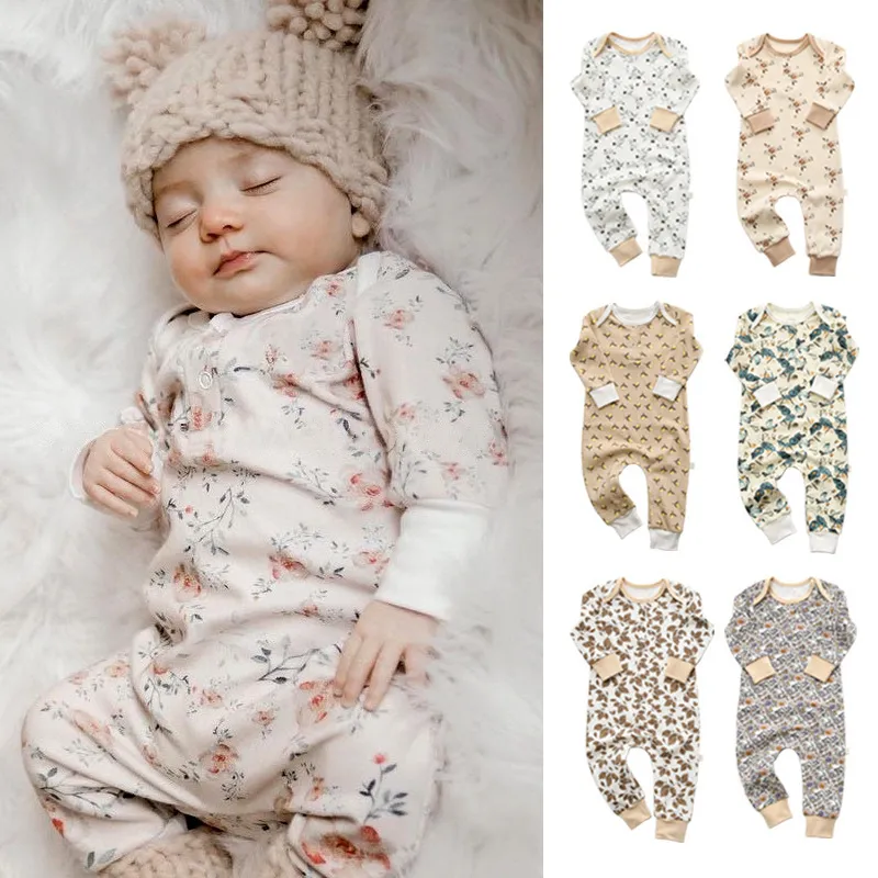 Baby Cute Floral All Over Print Long Sleeve Round Neck Cotton Jumpsuit Unisex