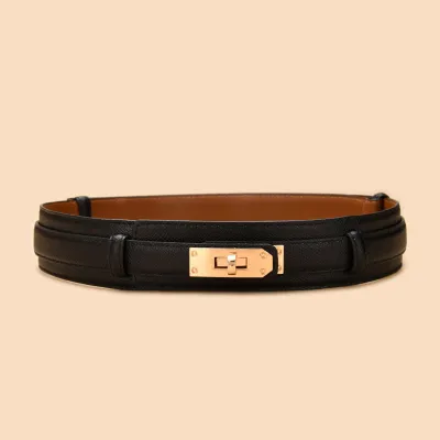 Women Vintage Metal Buckle Genuine Leather Belt Solid Color All-match 105cm