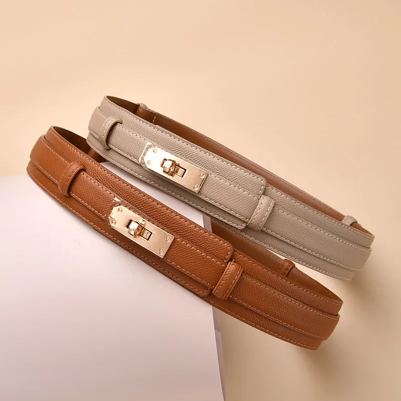 Women Vintage Metal Buckle Genuine Leather Belt Solid Color All-match 105cm