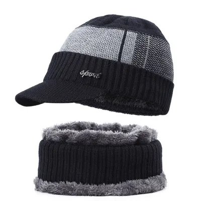 Men Winter Vintage Color Blocking Knitted Cap And Fleece-lined Pullover Scarf Set