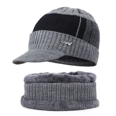 Men Winter Vintage Color Blocking Knitted Cap And Fleece-lined Pullover Scarf Set