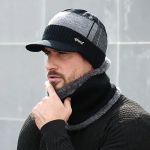 Men Winter Vintage Color Blocking Knitted Cap And Fleece-lined Pullover Scarf Set
