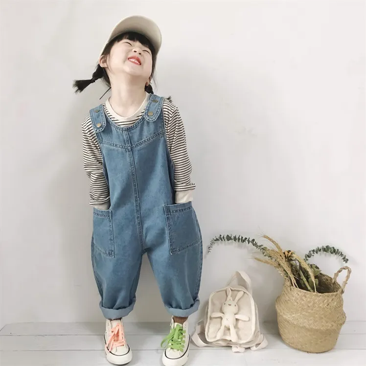 Kids Cute Solid Color Denim Casual Suspender Pants for Baby Boys 0-3T