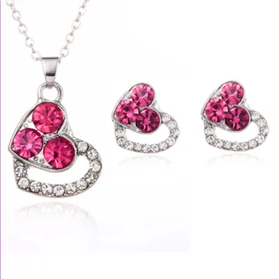 Temperament Heart-shaped Rhinestone Stud Earrings And Necklace Set