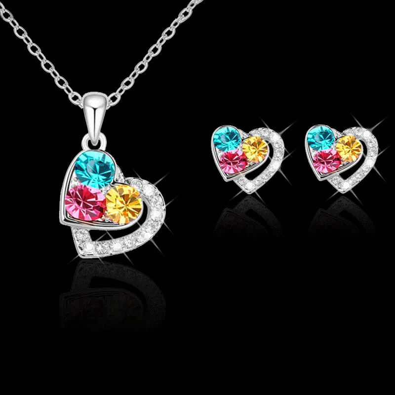 Temperament Heart-shaped Rhinestone Stud Earrings And Necklace Set