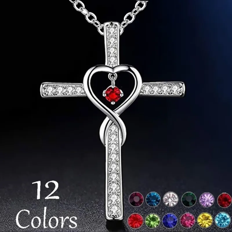 Creative Cross Shape Heart Hollow Rhinestone Decoration Alloy Pendant Necklace