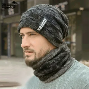 Men Winter Basic Knitted Fleece-lined Pullover Scarf And Hat Set