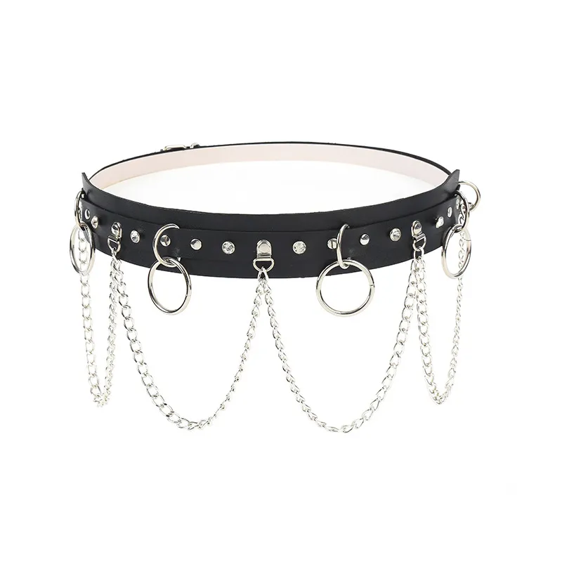 Women Punk Metal Chain Decoration Solid Color PU Belt with D Shape Buckle