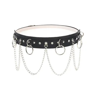 Women Punk Metal Chain Decoration Solid Color PU Belt with D Shape Buckle