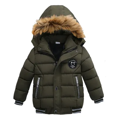 Boys Classic Label Design Long Sleeve Hooded Quilted Thicken Cotton Jacket with Zipper
