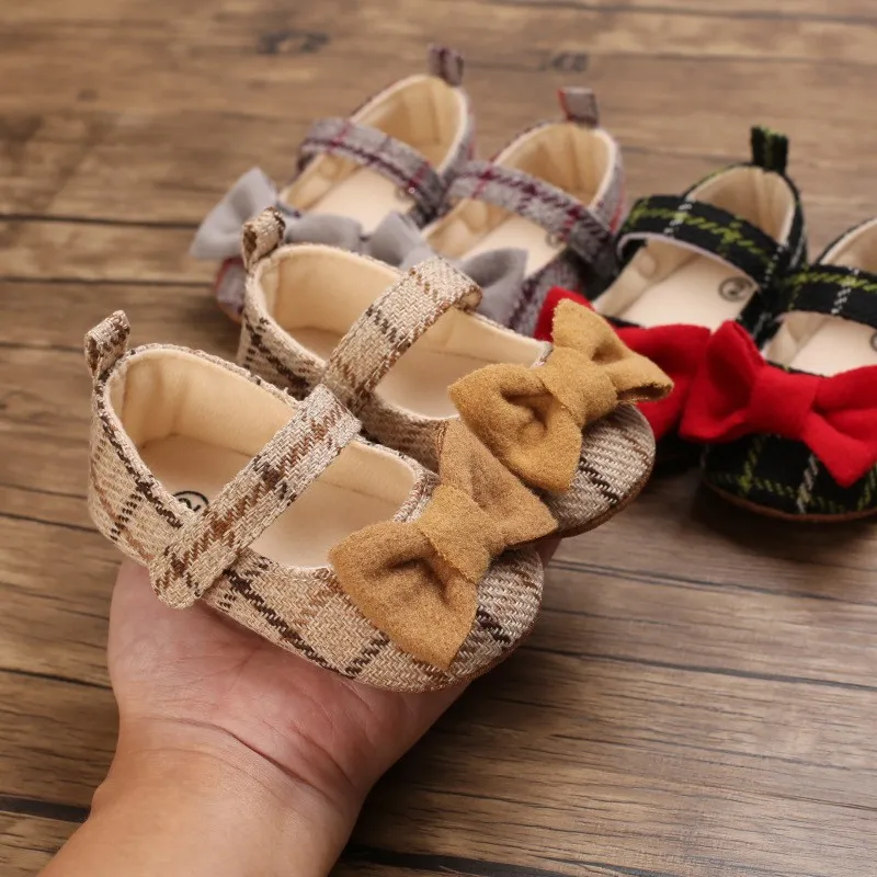 Baby Girls Soft-soled Bow Decor Plaid Princess Toddler Shoes Low Top