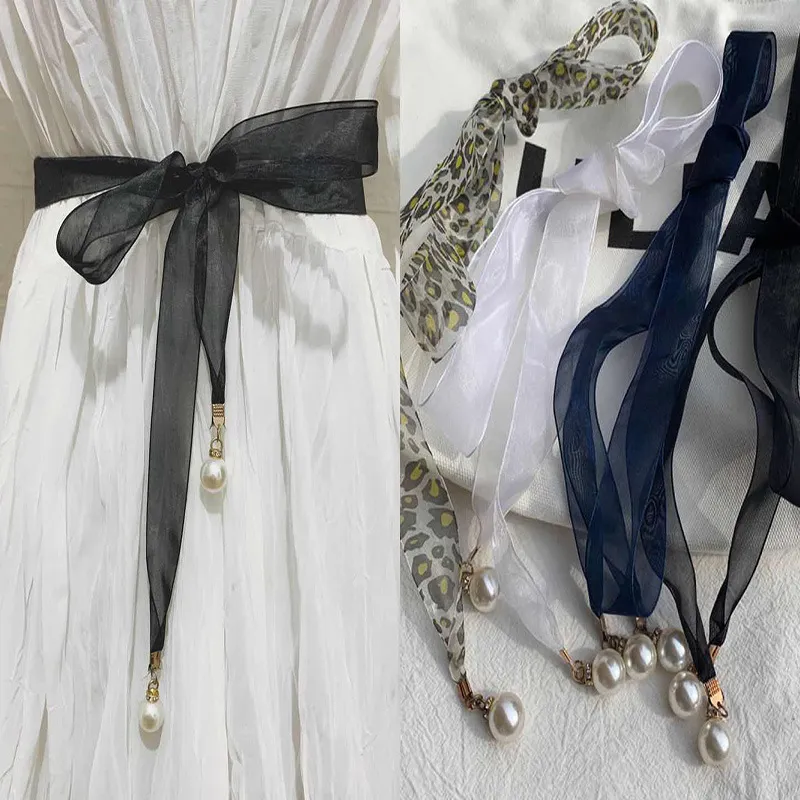 Women Chic Imitation Pearl Decoration All-match Chiffon Belt