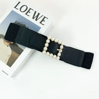 Women Chic Imitation Pearl Decoration Patchwork Solid Color Canvas Wide Belt