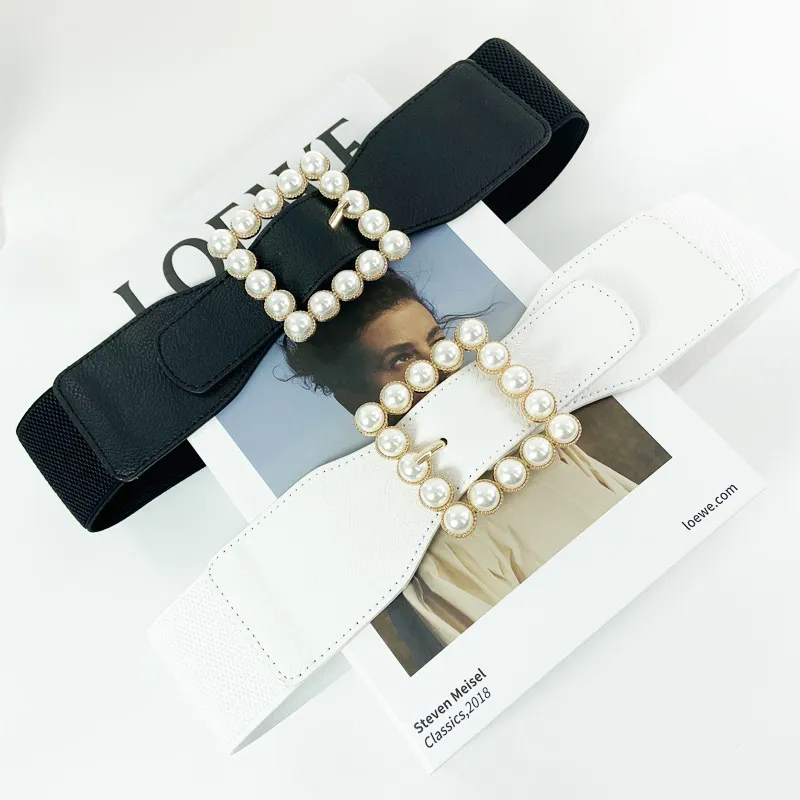 Women Chic Imitation Pearl Decoration Patchwork Solid Color Canvas Wide Belt