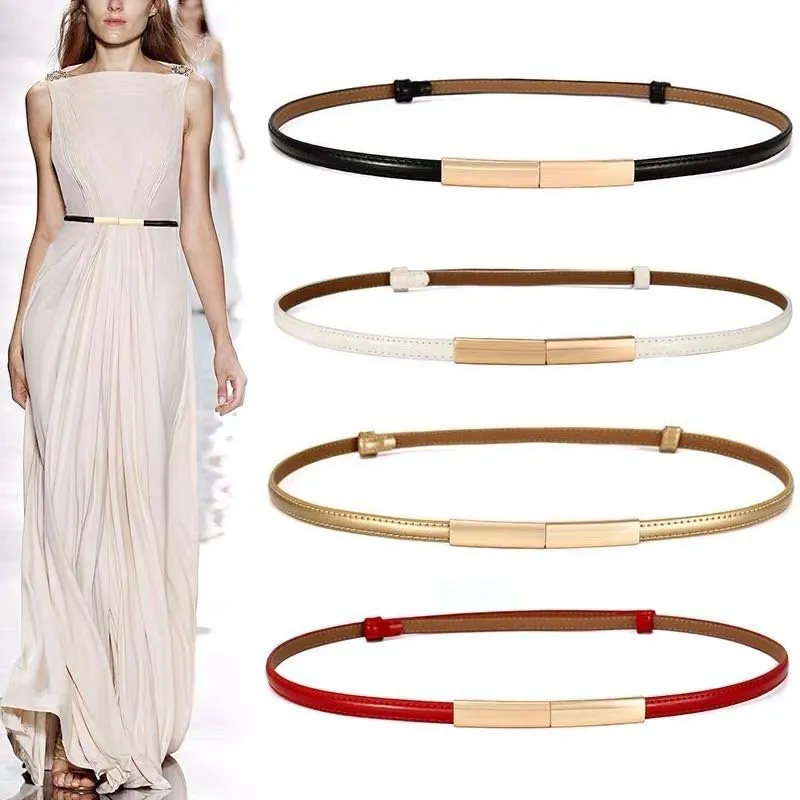 Women Chic Metal Buckle Design Solid Color Genuine Leather Thin Belt
