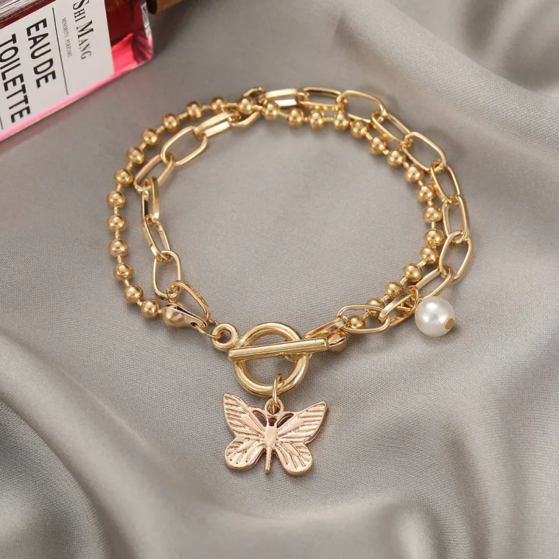 Temperament Fashion Butterfly Pearl Pendant Beaded Double Layer Alloy Bracelet