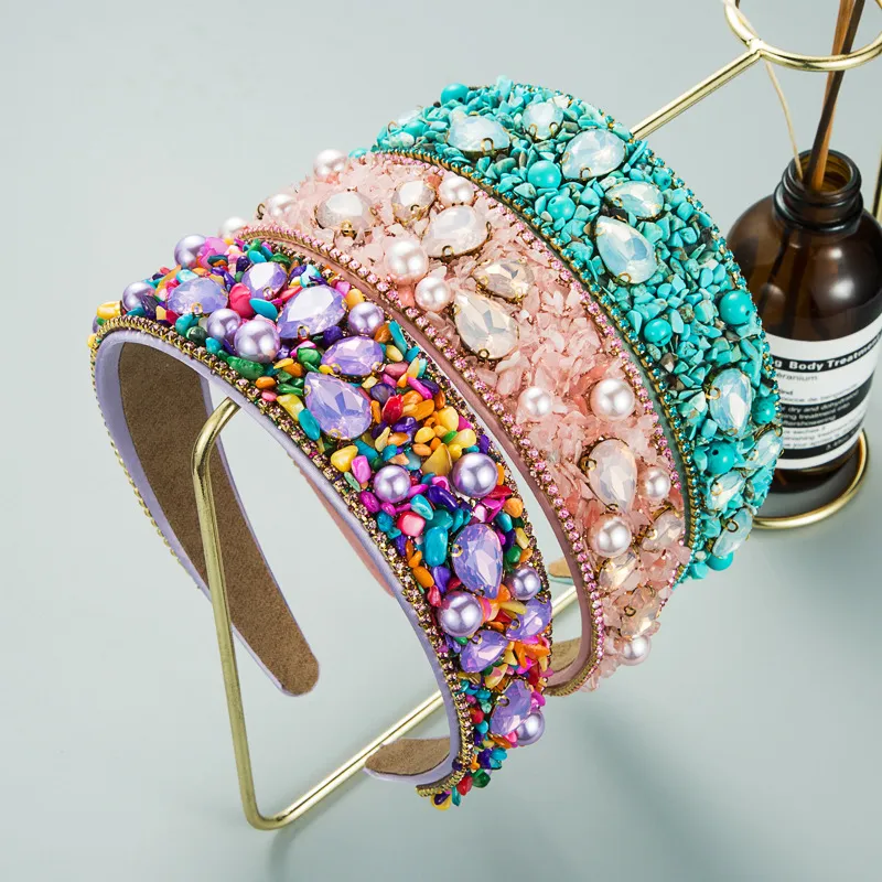 Exaggerated Unique Colored Crushed Turquoise Rhinestone And Artificial Pearl Decoration Wide Headband