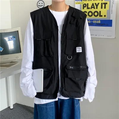 Young Men Classic Sleeveless Multi-pocket Solid Color Zipper Cargo Vest