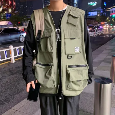 Young Men Classic Sleeveless Multi-pocket Solid Color Zipper Cargo Vest