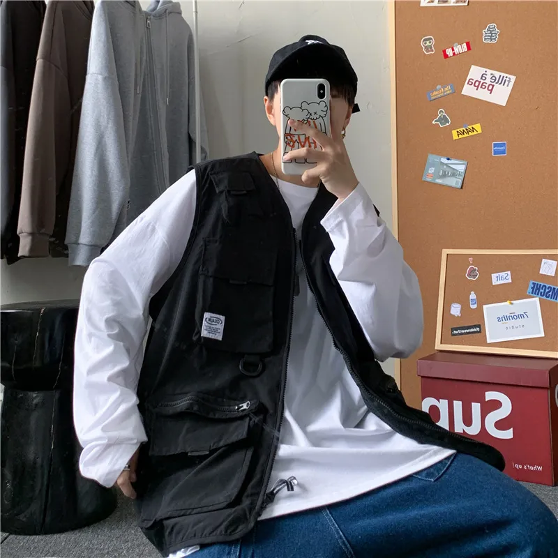 Young Men Classic Sleeveless Multi-pocket Solid Color Zipper Cargo Vest
