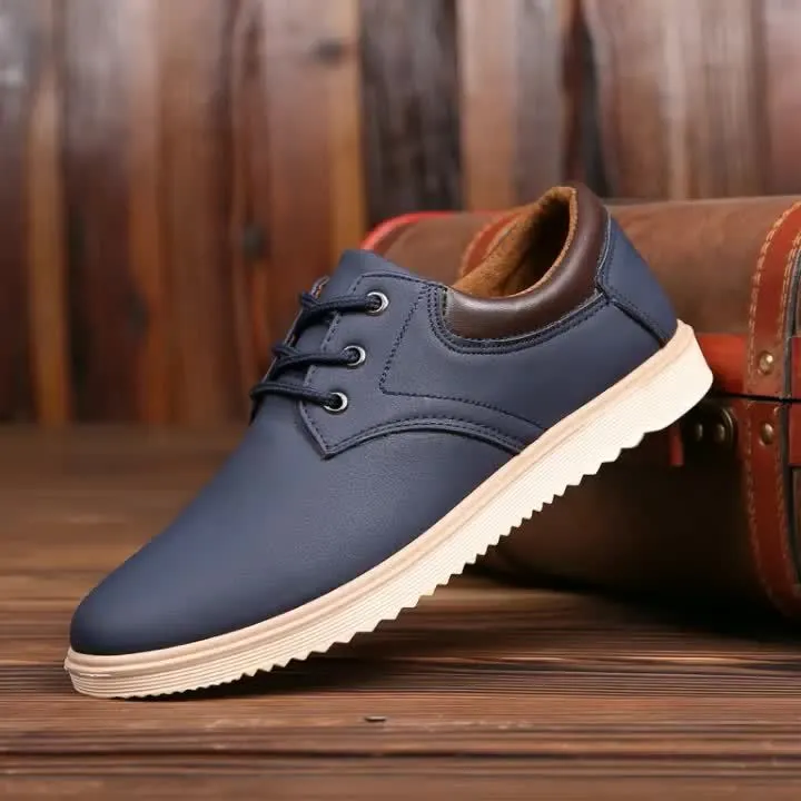 Men Summer Casual Round Toe Flat Lace-up Solid Color PU Upper Casual Shoes