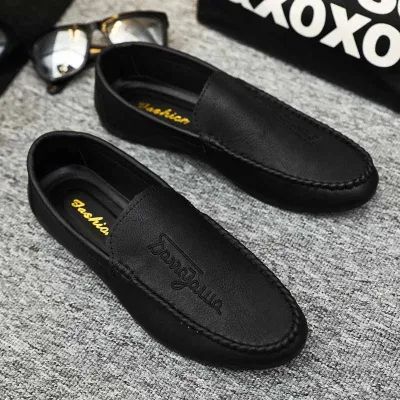 Men Casual Round Toe Letter Design Solid Color PU Leather Slip On Loafers