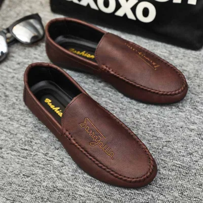 Men Casual Round Toe Letter Design Solid Color PU Leather Slip On Loafers