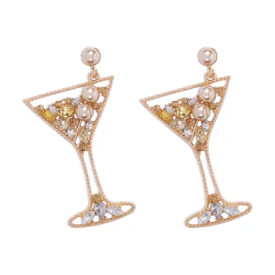 Creative Wine Glass Shape Rhinestone Decorative Drop Earrings for Women