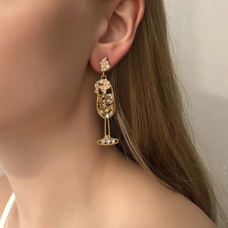 Creative Wine Glass Shape Rhinestone Decorative Drop Earrings for Women