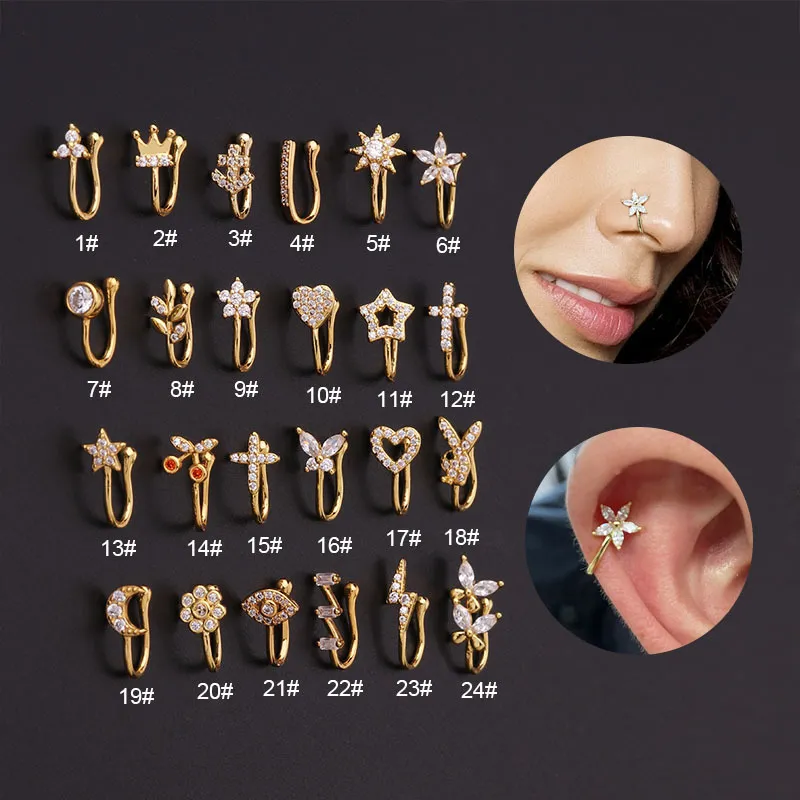 Creative Geometric Design Zircon Decorative Stainless Steel Ear Clip And Nose Ring