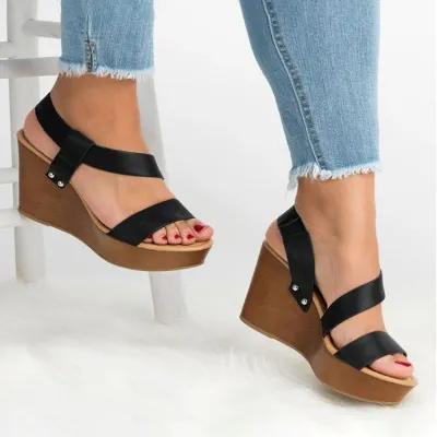 Women Casual Vintage One-line Buckle PU Wedged Sandals