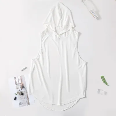 Men Casual Sleeveless Hooded Solid Color Sports Tank Top
