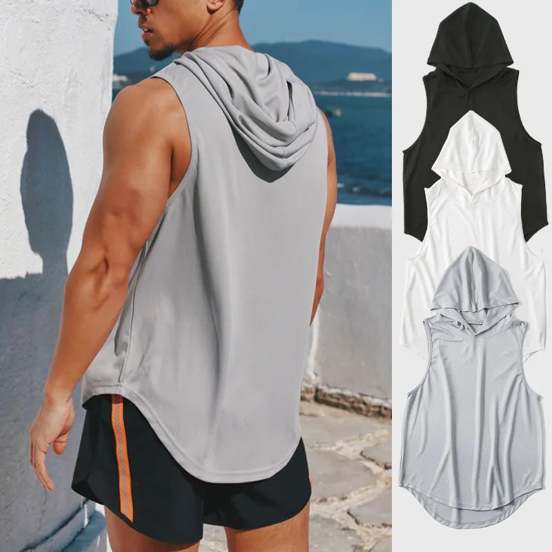 Men Casual Sleeveless Hooded Solid Color Sports Tank Top