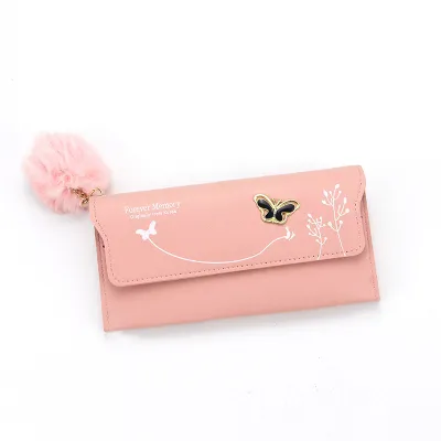 Women Elegant Pompon Clamshell Solid Color Plant Flower Pattern PU Leather Purse