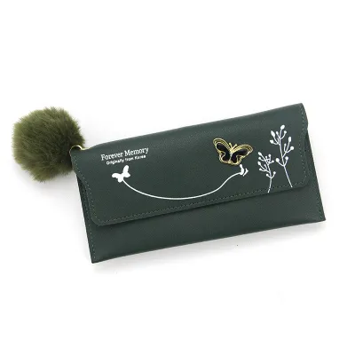 Women Elegant Pompon Clamshell Solid Color Plant Flower Pattern PU Leather Purse