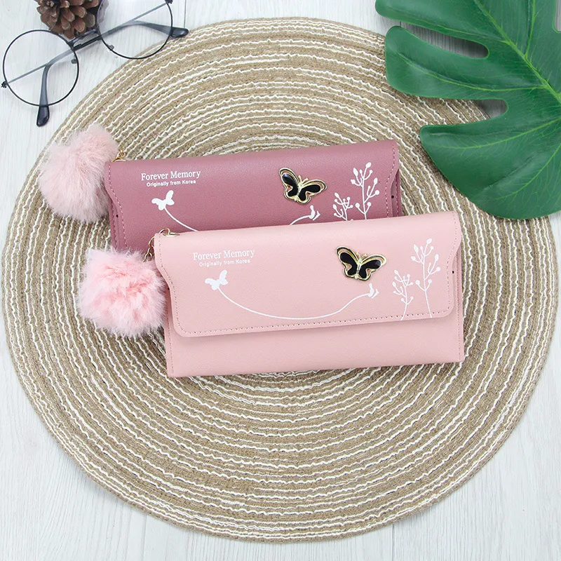 Women Elegant Pompon Clamshell Solid Color Plant Flower Pattern PU Leather Purse