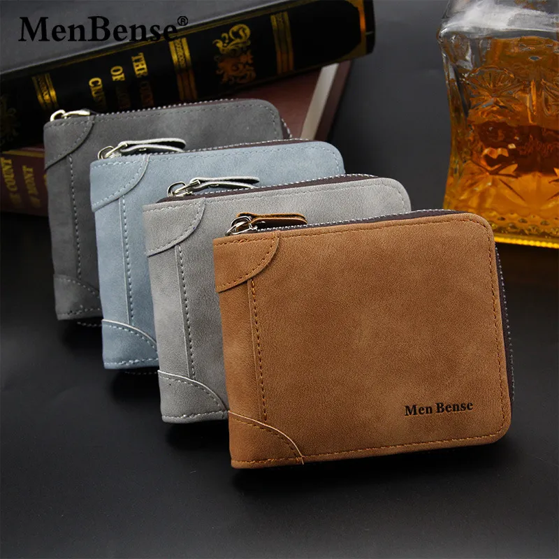 Men's Frosted Multi-Card Coin Wallet with Zipper - PU Leather, Short Horizontal Square
