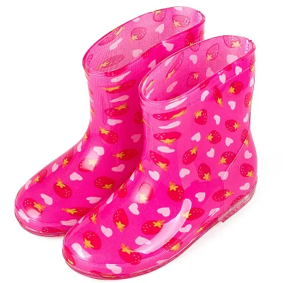Kids Cute Cartoon Car Flower Stripe Strawberry Bow Rain Boots Unisex Waterproof PVC Mid-Calf Low Heel