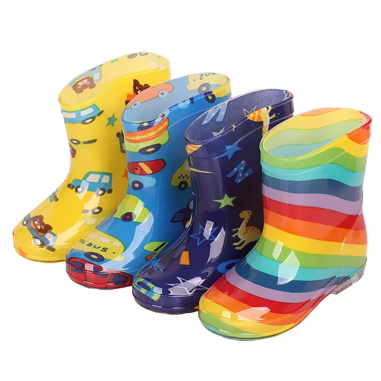 Kids Cute Cartoon Car Flower Stripe Strawberry Bow Rain Boots Unisex Waterproof PVC Mid-Calf Low Heel
