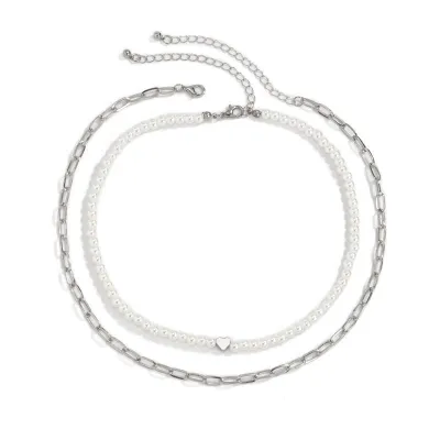 2pcs/set Temperament Pearl Heart Shape Alloy Choker Necklace Set