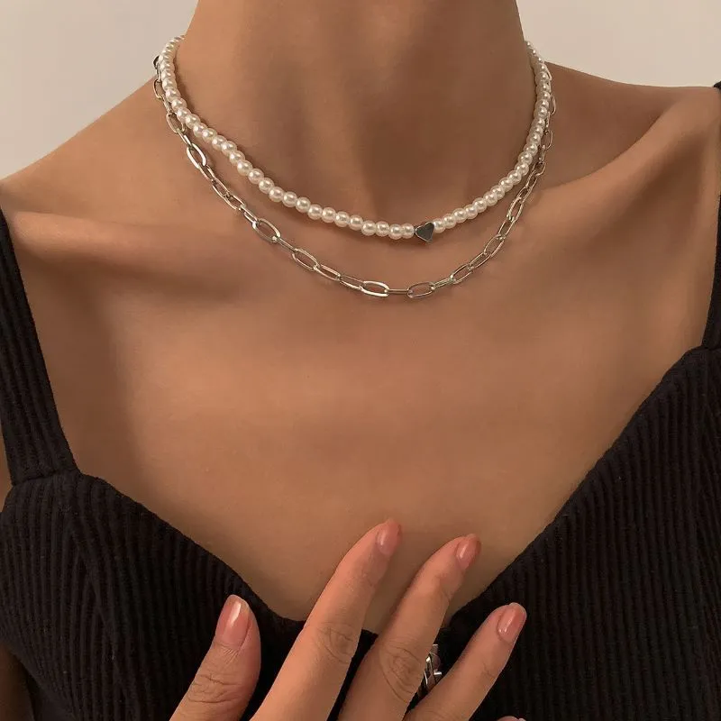 2pcs/set Temperament Pearl Heart Shape Alloy Choker Necklace Set
