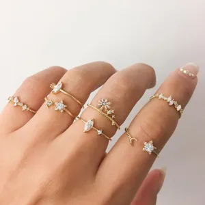 7pcs/set Star Moon Crystal Decoration Opening Alloy Ring Set