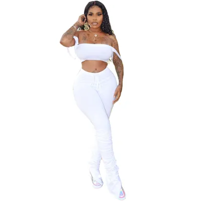 Women Sexy Night Out Sleeveless Solid Color Crop Tank Top And Drawstring Waist Side-Slit Pants Set